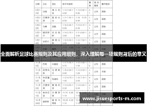 全面解析足球比赛规则及其应用细则，深入理解每一项规则背后的意义